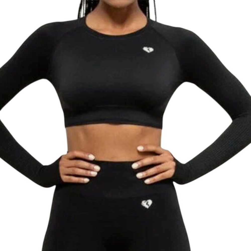 Womens Best Seamless Long Sleeve Crop Top Black Thumbhole Activewear‎ Gym Small